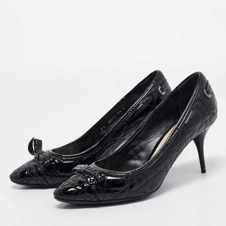 Pre Owned Dior Black Cannage Patent Leather Bow Pumps Size 39