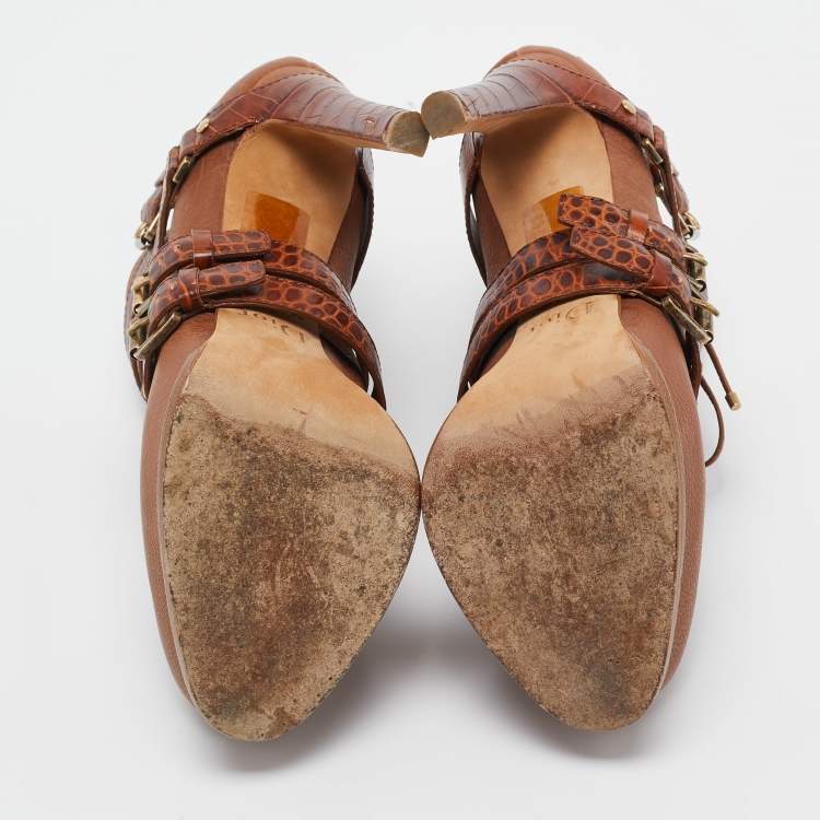 Pre Owned Christian Dior Brown Croc Embossed and Leather  Lace Up Boots Size 35