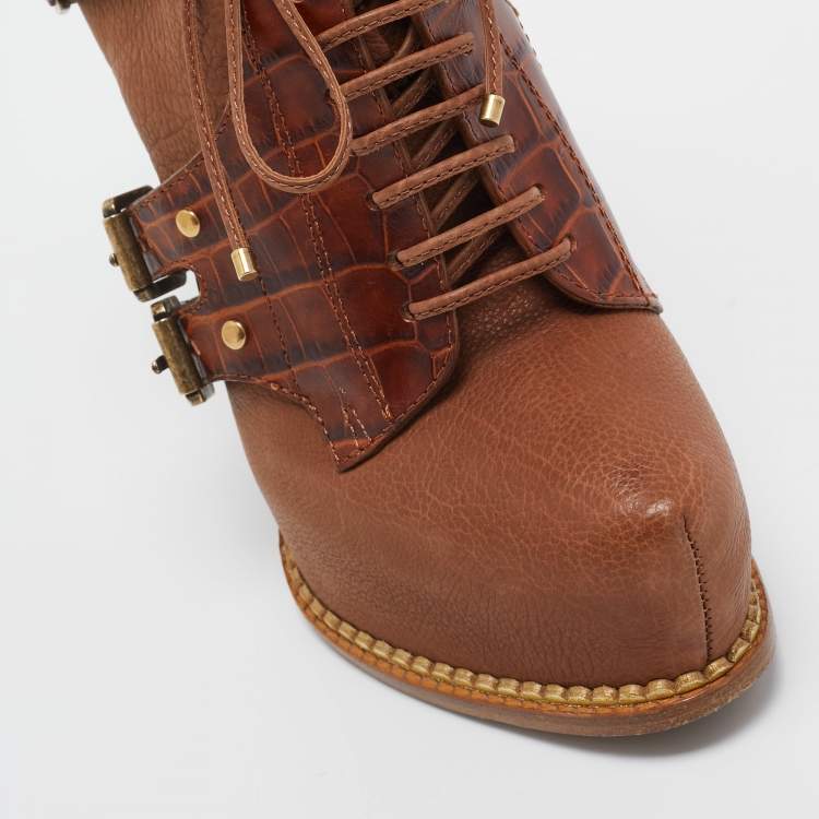 Pre Owned Christian Dior Brown Croc Embossed and Leather  Lace Up Boots Size 35