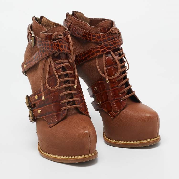 Pre Owned Christian Dior Brown Croc Embossed and Leather  Lace Up Boots Size 35