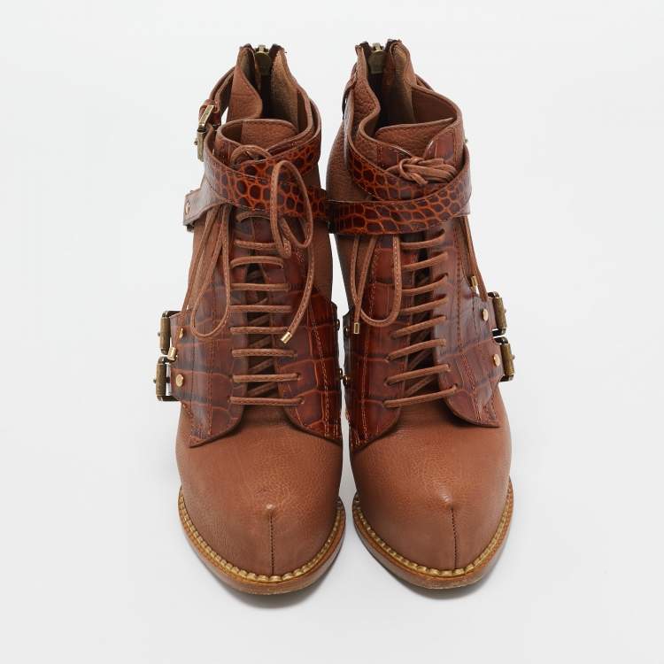 Pre Owned Christian Dior Brown Croc Embossed and Leather  Lace Up Boots Size 35