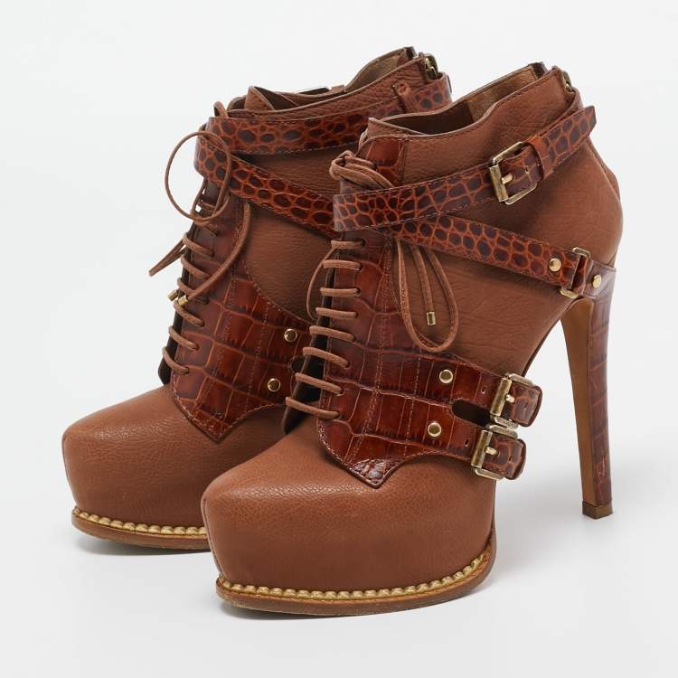 Pre Owned Christian Dior Brown Croc Embossed and Leather  Lace Up Boots Size 35