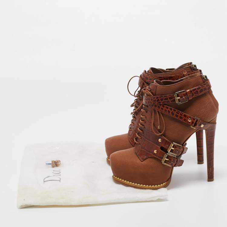 Pre Owned Christian Dior Brown Croc Embossed and Leather  Lace Up Boots Size 35
