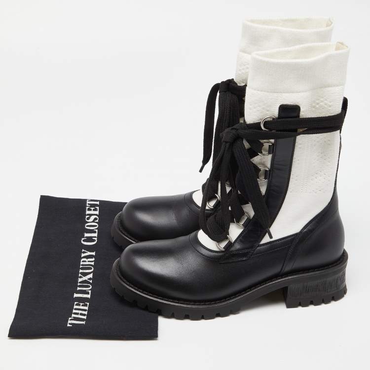 Pre Owned Dior Black /White Leather and Knit Fabric Diorland Combat Boots Size 37