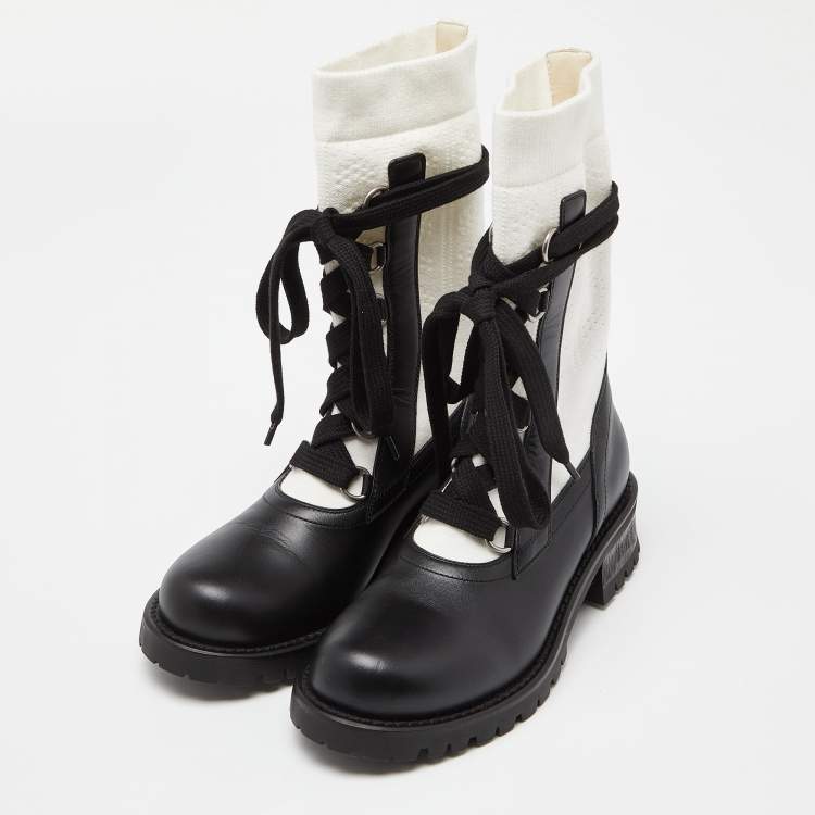 Pre Owned Dior Black /White Leather and Knit Fabric Diorland Combat Boots Size 37