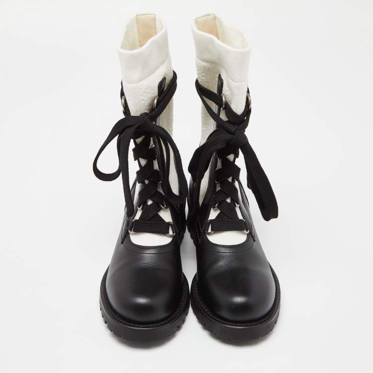 Pre Owned Dior Black /White Leather and Knit Fabric Diorland Combat Boots Size 37
