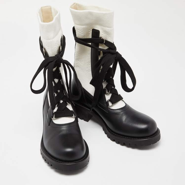 Pre Owned Dior Black /White Leather and Knit Fabric Diorland Combat Boots Size 37