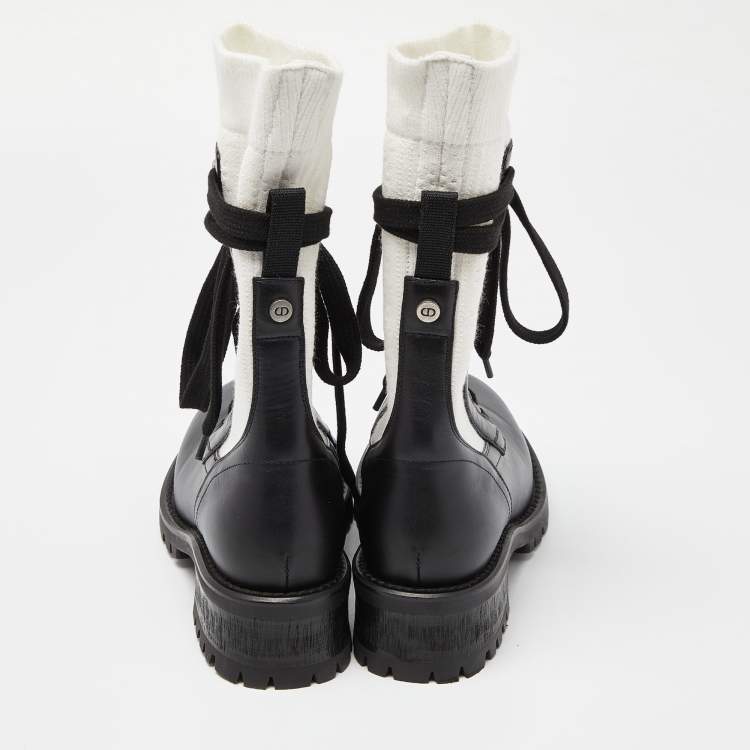 Pre Owned Dior Black /White Leather and Knit Fabric Diorland Combat Boots Size 37
