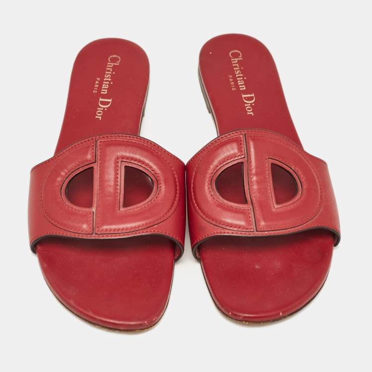 Pre Owned Dior Burgundy Leather D-Club Flat Slides Size 37.5 
