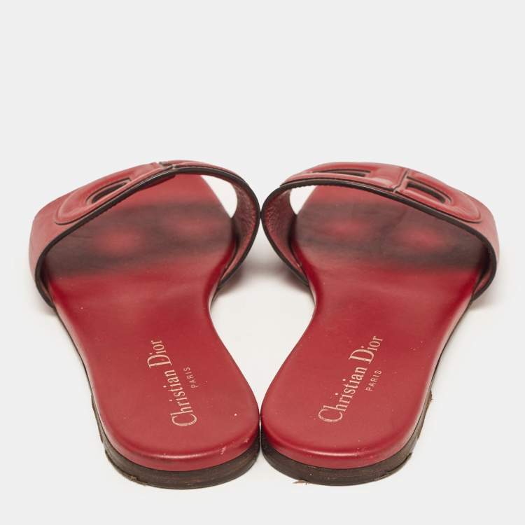 Pre Owned Dior Burgundy Leather D-Club Flat Slides Size 37.5 