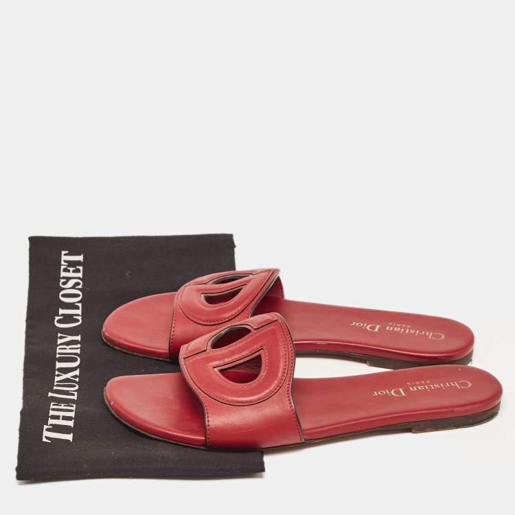 Pre Owned Dior Burgundy Leather D-Club Flat Slides Size 37.5 