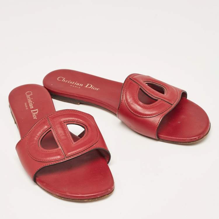 Pre Owned Dior Burgundy Leather D-Club Flat Slides Size 37.5 