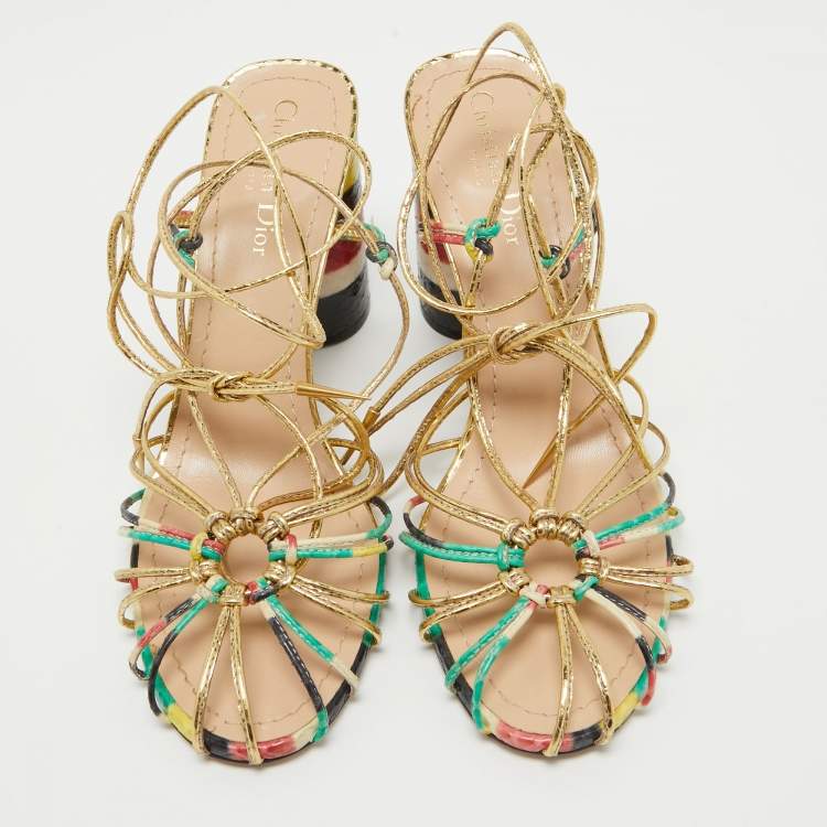 Pre Owned Dior Multicolor Leather Stripy  Ankle Wrap Sandals Size 40.5