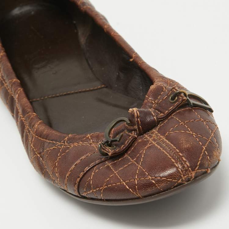 Pre Owned Dior Brown Cannage Leather CD Bow Ballet Flats Size 39