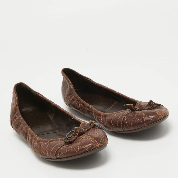 Pre Owned Dior Brown Cannage Leather CD Bow Ballet Flats Size 39