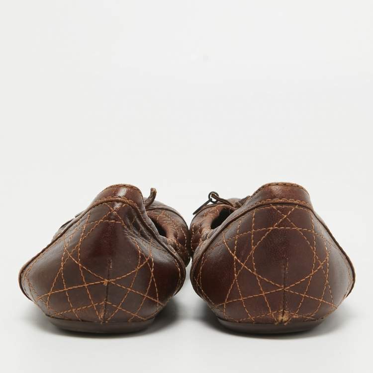 Pre Owned Dior Brown Cannage Leather CD Bow Ballet Flats Size 39