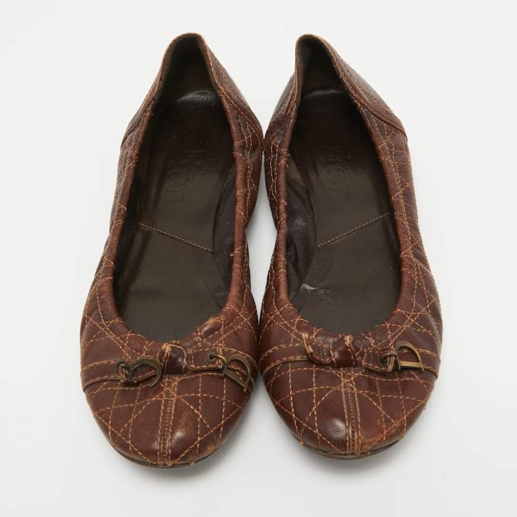 Pre Owned Dior Brown Cannage Leather CD Bow Ballet Flats Size 39