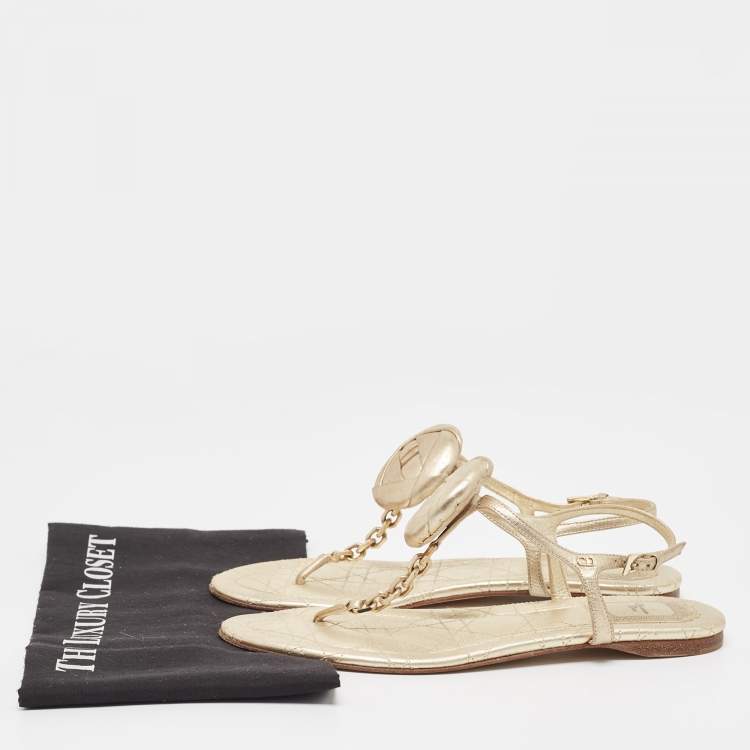 Pre Owned Dior Gold Leather Chain Link T-Strap Flat Sandals Size 39