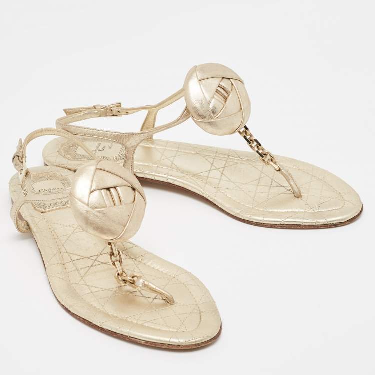 Pre Owned Dior Gold Leather Chain Link T-Strap Flat Sandals Size 39