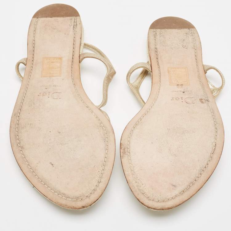 Pre Owned Dior Gold Leather Chain Link T-Strap Flat Sandals Size 39