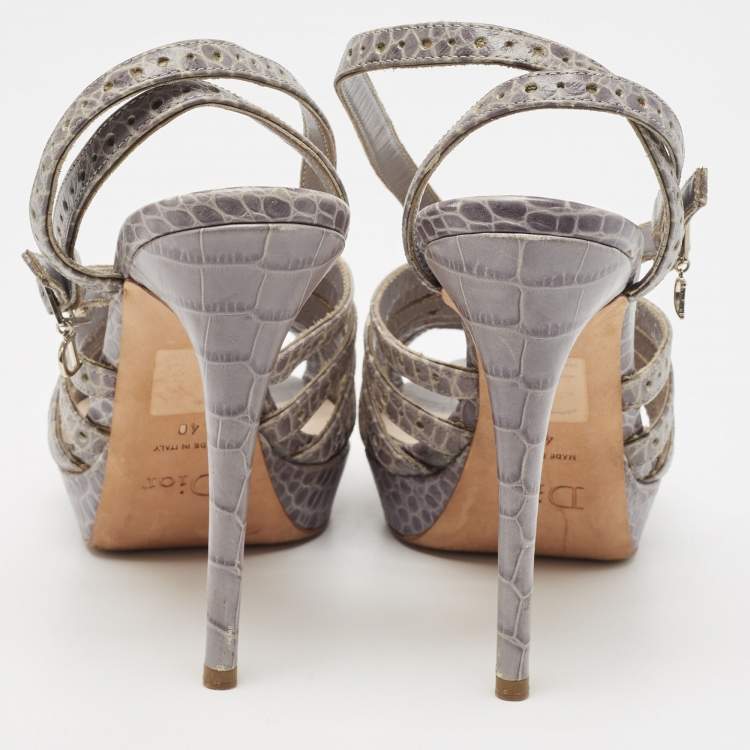 Pre Owned Dior Grey Embossed Croc Strappy Platform Sandals Size 40