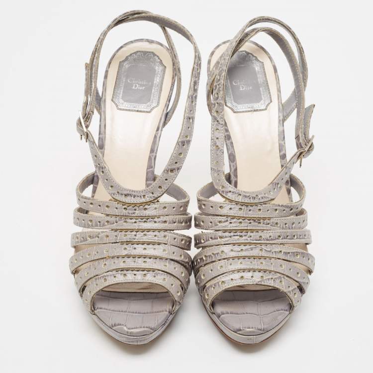 Pre Owned Dior Grey Embossed Croc Strappy Platform Sandals Size 40