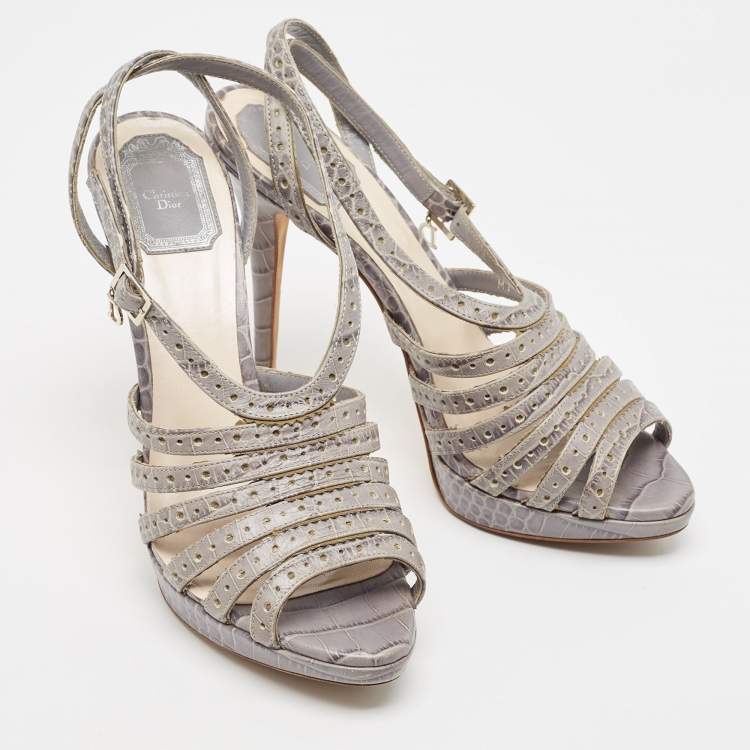Pre Owned Dior Grey Embossed Croc Strappy Platform Sandals Size 40