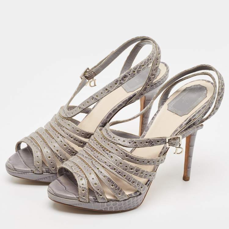 Pre Owned Dior Grey Embossed Croc Strappy Platform Sandals Size 40