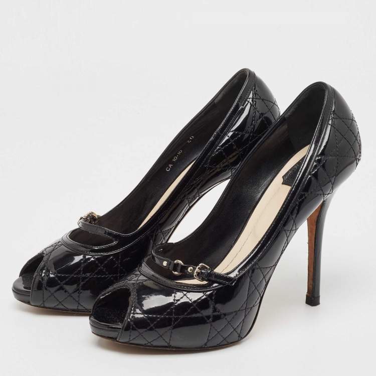 مملوكة مسبقًا Dior Black Cannage Patent Leather Peep Toe Platform Pumps Size 40