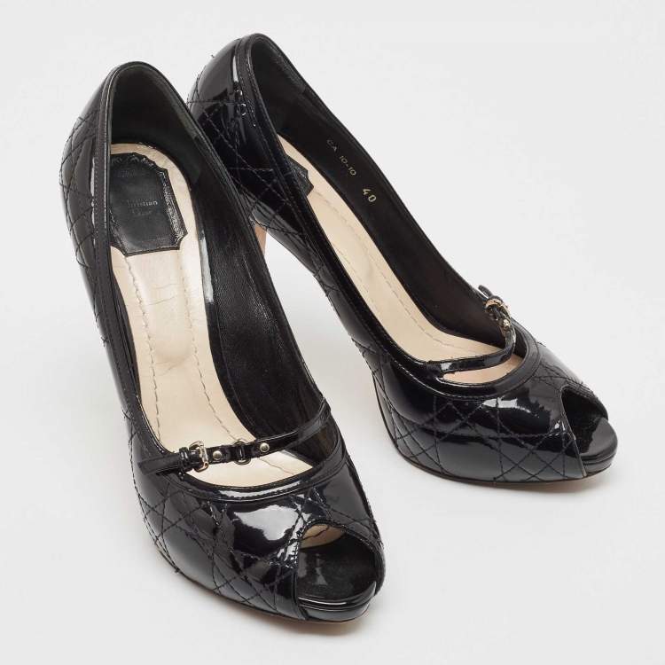 مملوكة مسبقًا Dior Black Cannage Patent Leather Peep Toe Platform Pumps Size 40