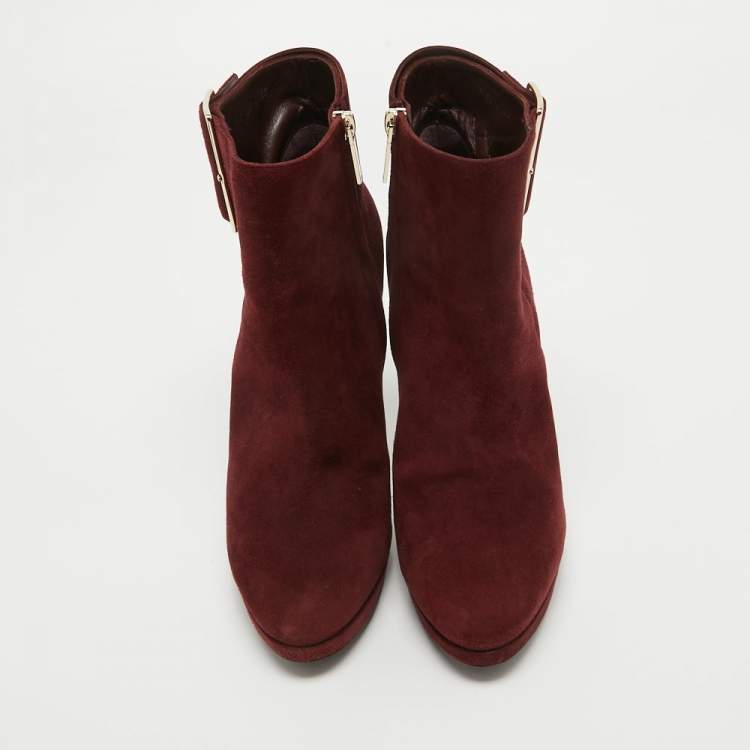 Pre Owned Dior Burgundy Suede Buckle Detail Platform Ankle Booties Size 40