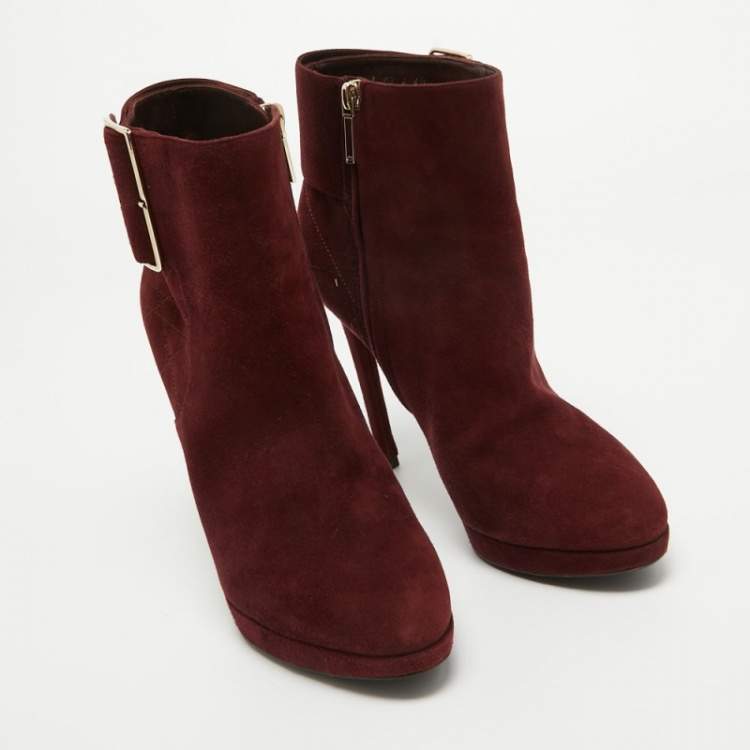 Pre Owned Dior Burgundy Suede Buckle Detail Platform Ankle Booties Size 40