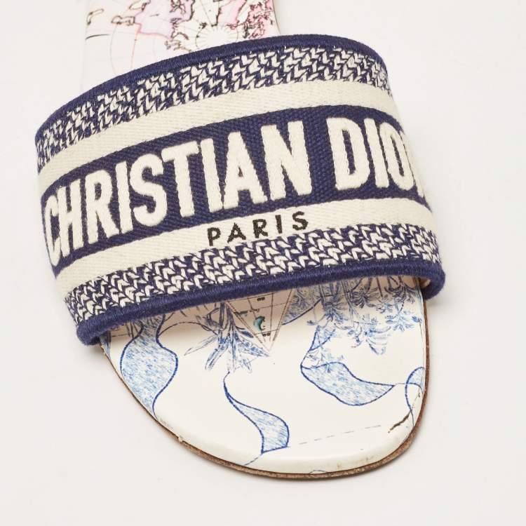 Pre Owned Dior Navy Blue/White Embroidered Logo Canvas Dway Flat Slides Size 41