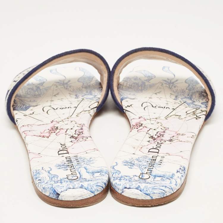 Pre Owned Dior Navy Blue/White Embroidered Logo Canvas Dway Flat Slides Size 41