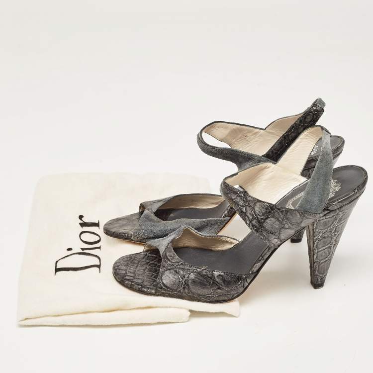 Pre Owned Dior Grey/Silver Croc Embossed and Suede Slingback Sandals Size 39.5