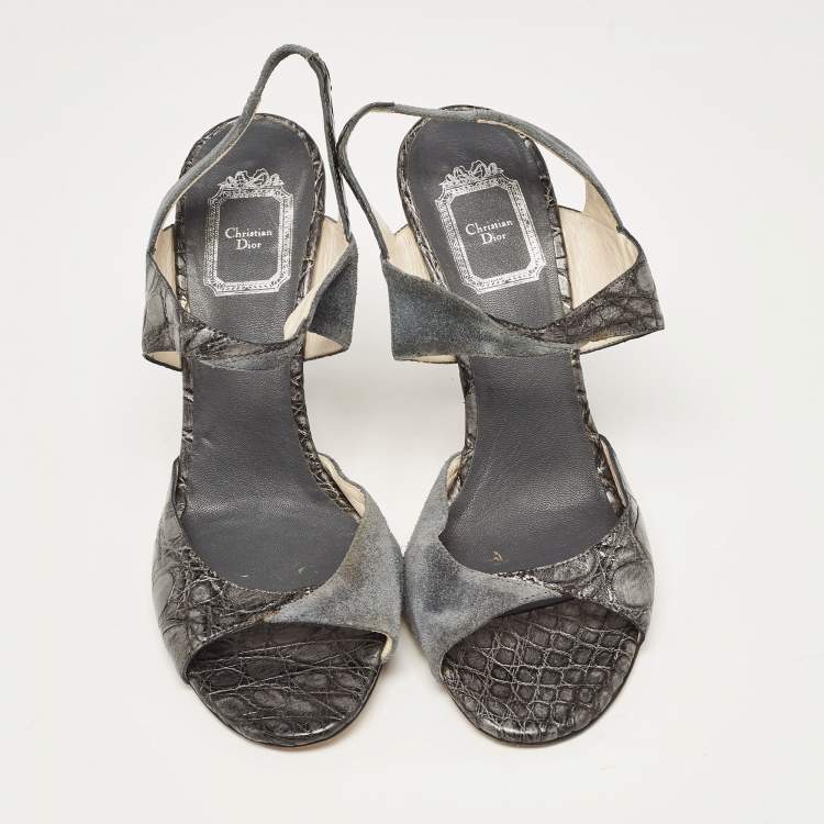 Pre Owned Dior Grey/Silver Croc Embossed and Suede Slingback Sandals Size 39.5