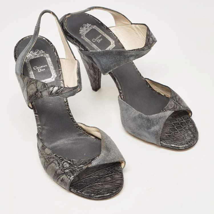 Pre Owned Dior Grey/Silver Croc Embossed and Suede Slingback Sandals Size 39.5