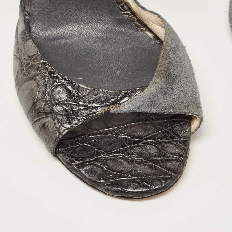 Pre Owned Dior Grey/Silver Croc Embossed and Suede Slingback Sandals Size 39.5