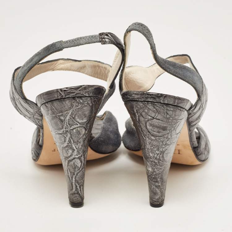 Pre Owned Dior Grey/Silver Croc Embossed and Suede Slingback Sandals Size 39.5