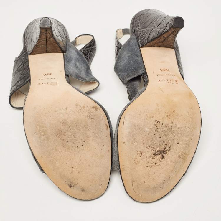 Pre Owned Dior Grey/Silver Croc Embossed and Suede Slingback Sandals Size 39.5
