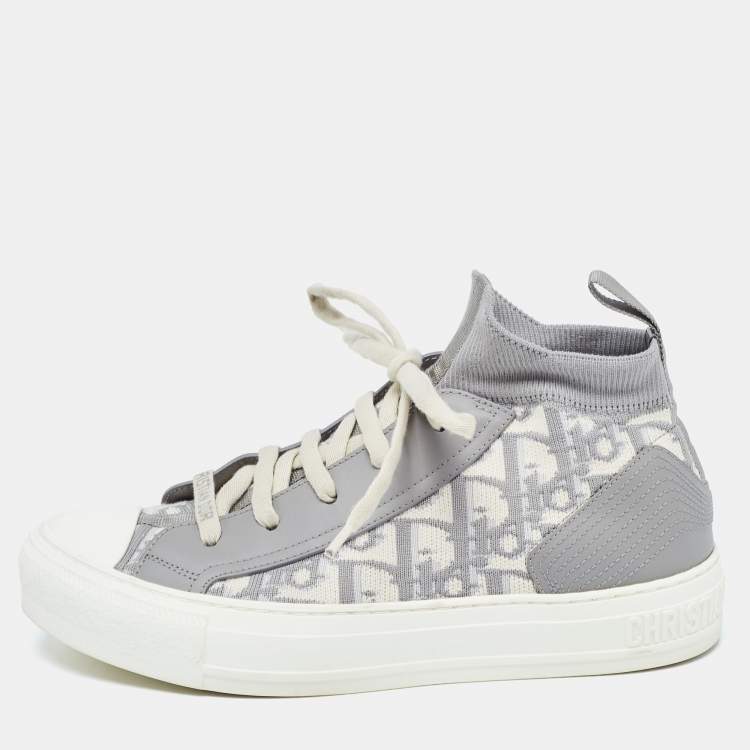 Pre Owned Dior Grey Fabric and Leather Walk'n'Dior High Top Sneakers Size 37