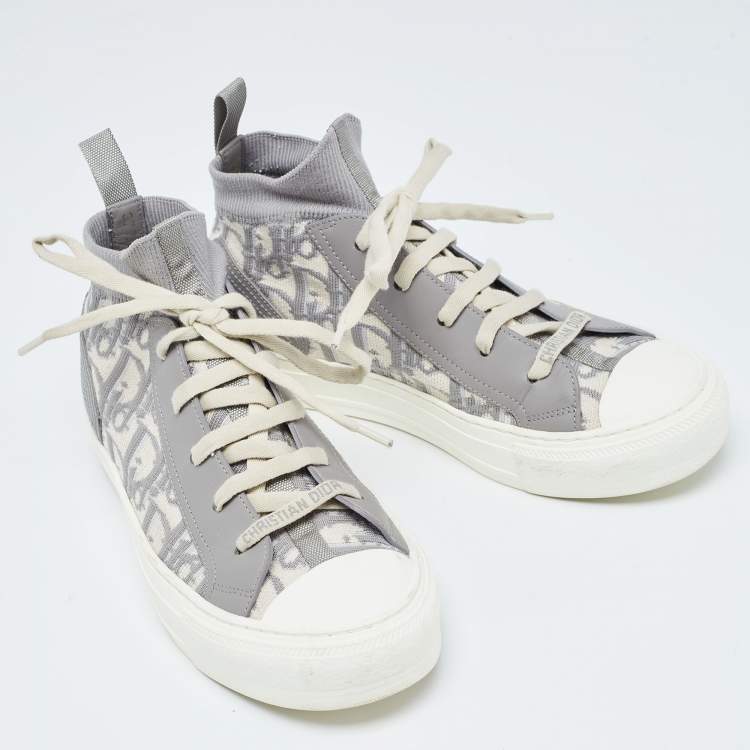 Pre Owned Dior Grey Fabric and Leather Walk'n'Dior High Top Sneakers Size 37