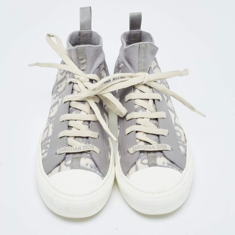 Pre Owned Dior Grey Fabric and Leather Walk'n'Dior High Top Sneakers Size 37