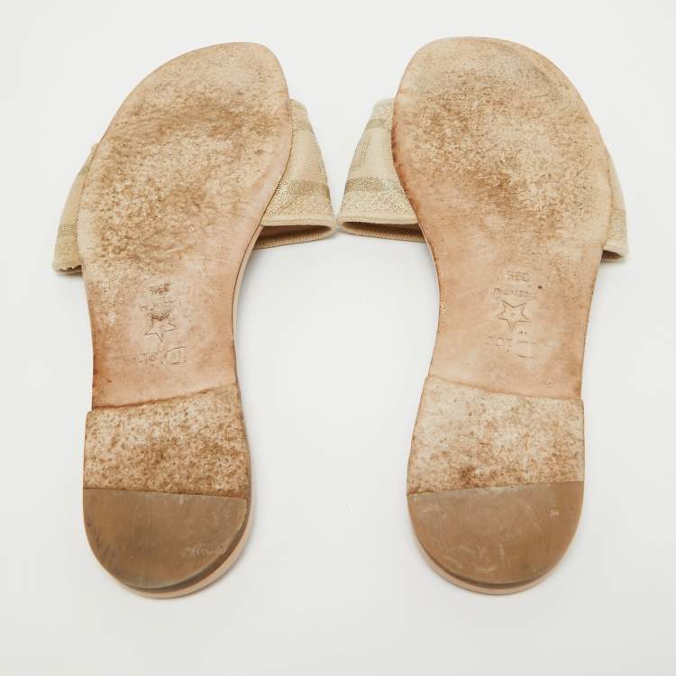 Pre Owned Dior Two Tone Logo Embroidered Canvas Dway Flat Slides Size 39.5