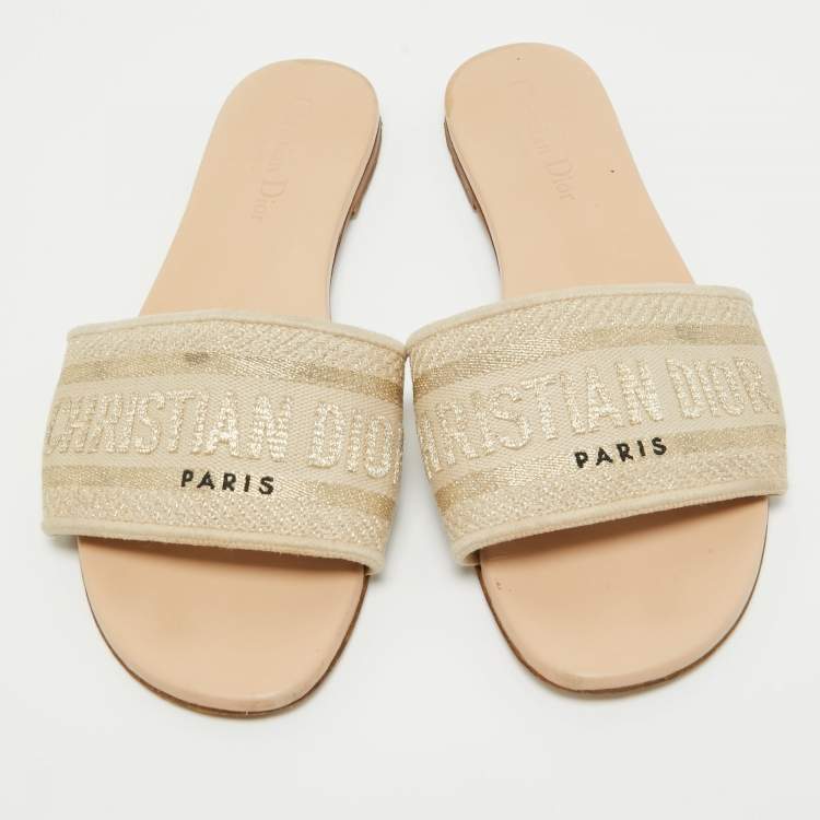 Pre Owned Dior Two Tone Logo Embroidered Canvas Dway Flat Slides Size 39.5