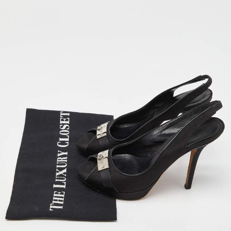 Pre Owned Dior Black Oblique Fabric Peep Toe Platform Slingback Pumps Size 36