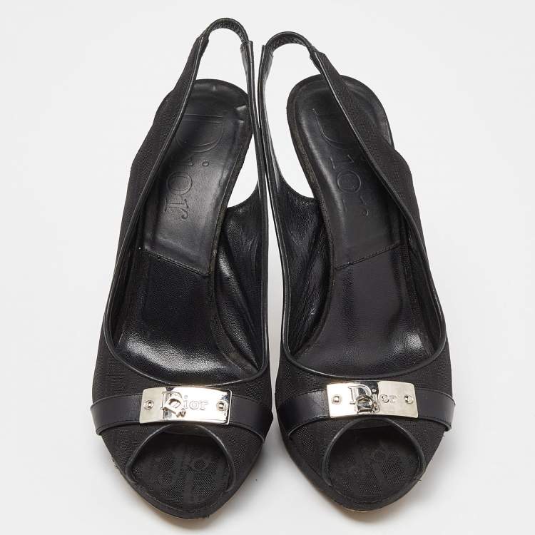 Pre Owned Dior Black Oblique Fabric Peep Toe Platform Slingback Pumps Size 36