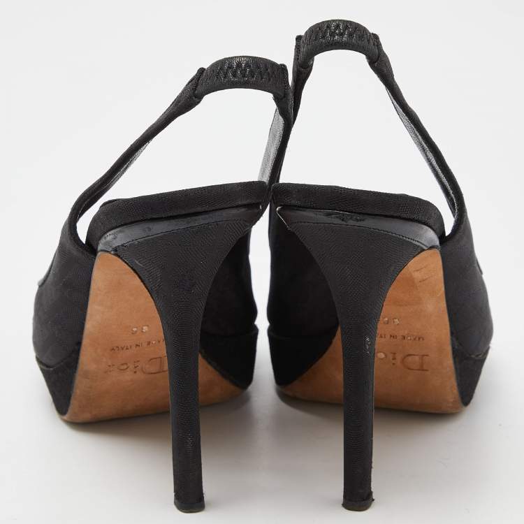 Pre Owned Dior Black Oblique Fabric Peep Toe Platform Slingback Pumps Size 36