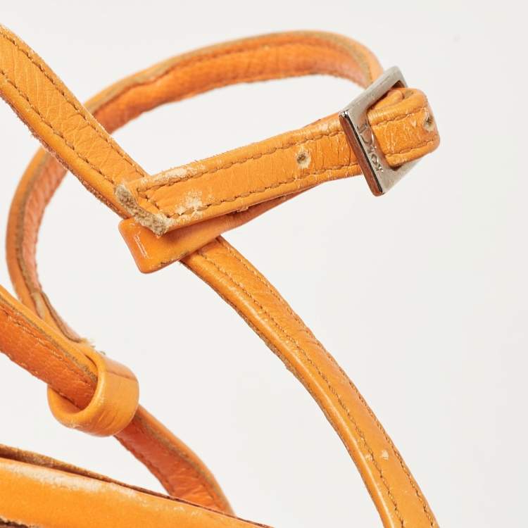 Pre Owned Dior Orange Leather and Canvas Diorissimo Wedge Sandals Size 39