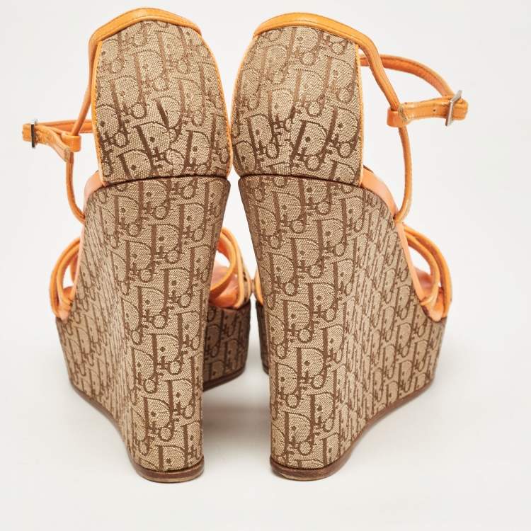 Pre Owned Dior Orange Leather and Canvas Diorissimo Wedge Sandals Size 39